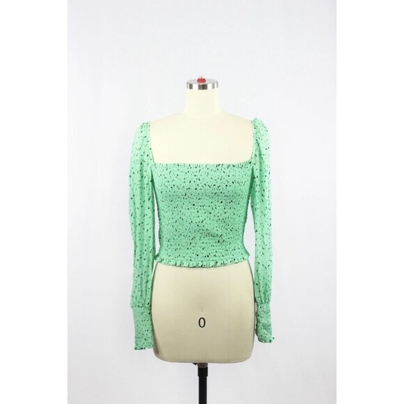 Aritzia Tops - Aritzia LITTLE MOON Gimlet Green Chiffon Smocked Square Neck Blouse, Size S